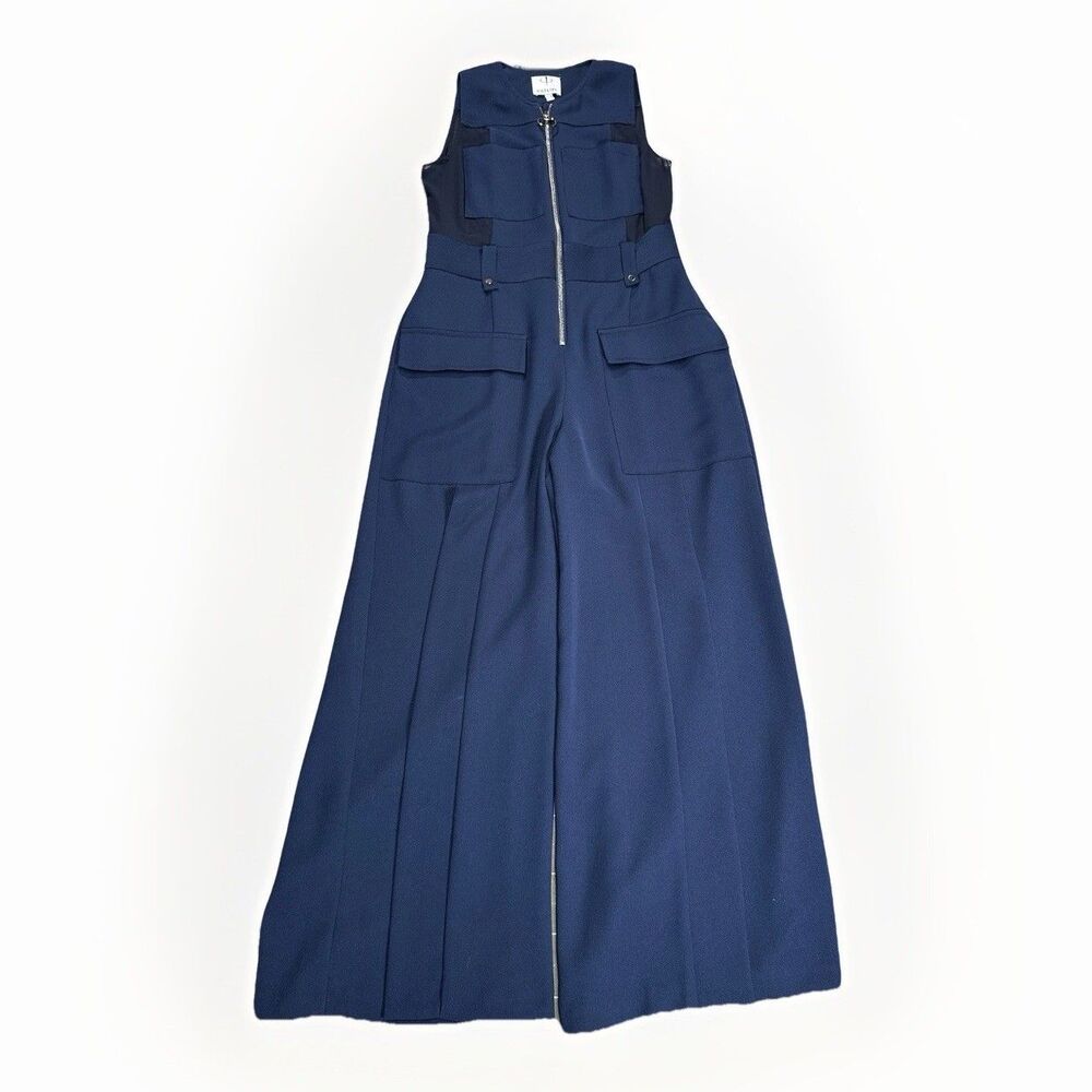 Outline Sleeveless Navy Utility Jumpsuit Sz 4 Wide Leg Zip Front Sheer Back